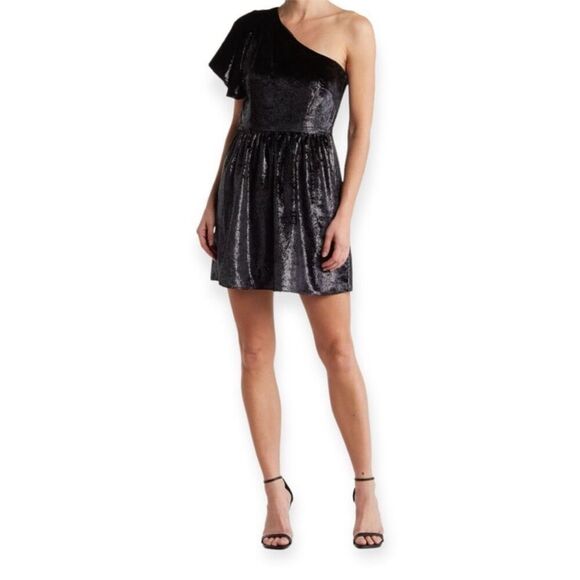 Seven For All Mankind One Shoulder Metallic Velour Fit & Flare Dress Size Medium - Picture 1 of 10
